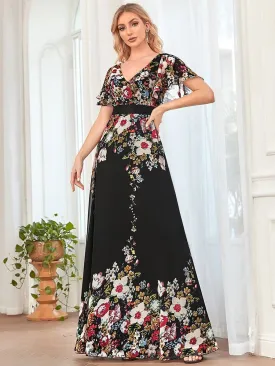 A-Line V-Neck Sheer Flutter Sleeve Maxi Evening Dress