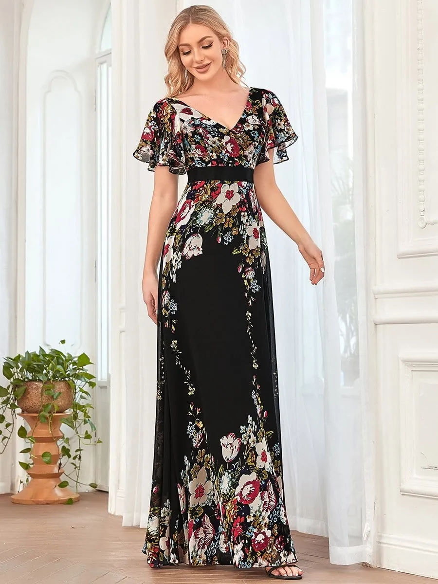 A-Line V-Neck Sheer Flutter Sleeve Maxi Evening Dress