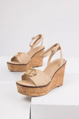 Beige Open Toe Wedges with Gold Buckle Detail