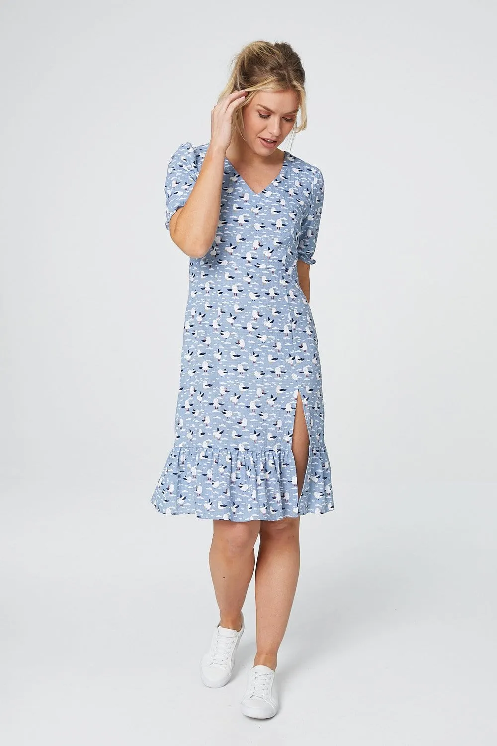 Bird Print Short Sleeve Tea Dress