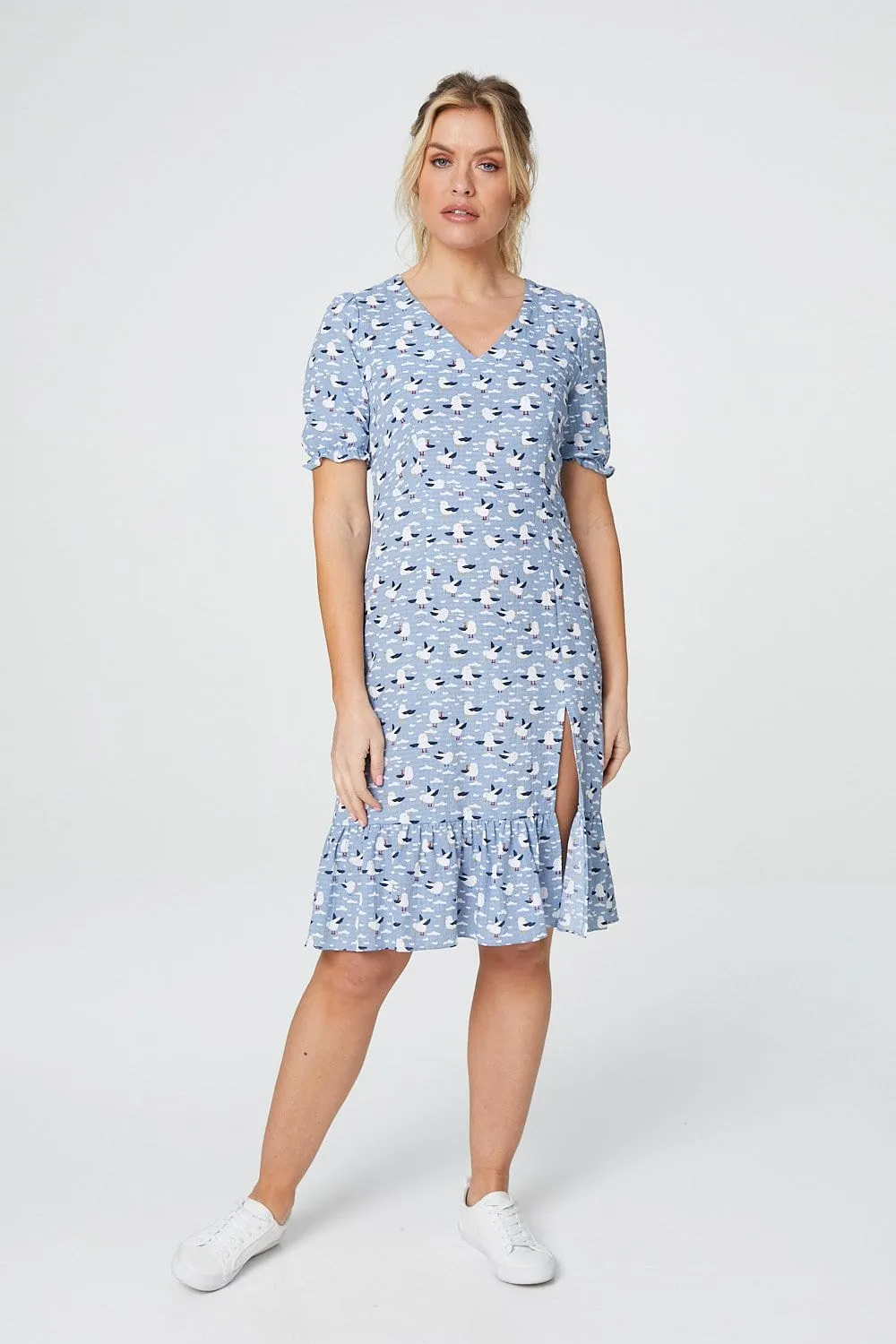 Bird Print Short Sleeve Tea Dress