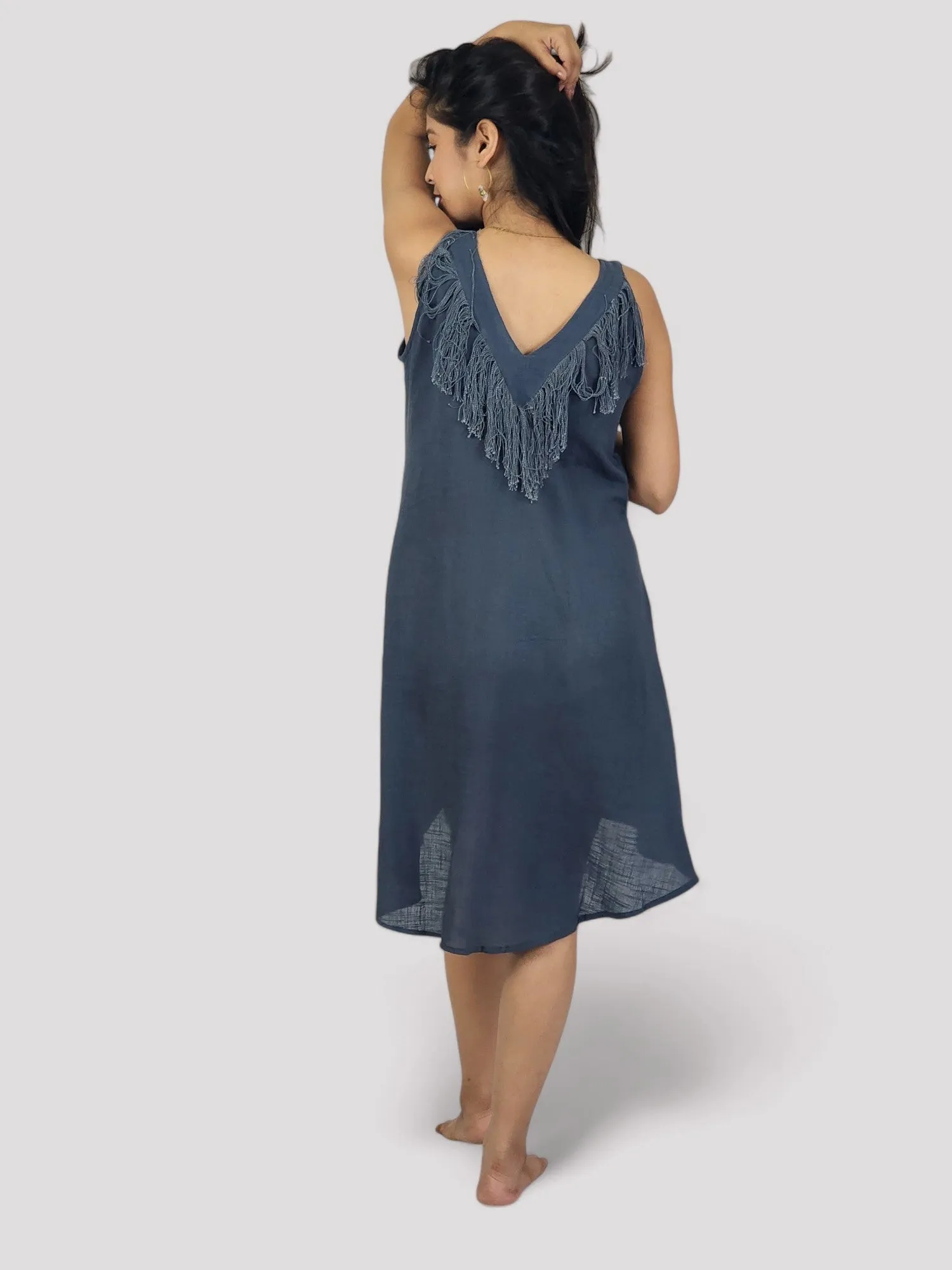 Blue Organic Linen Mini Dress with Fringe