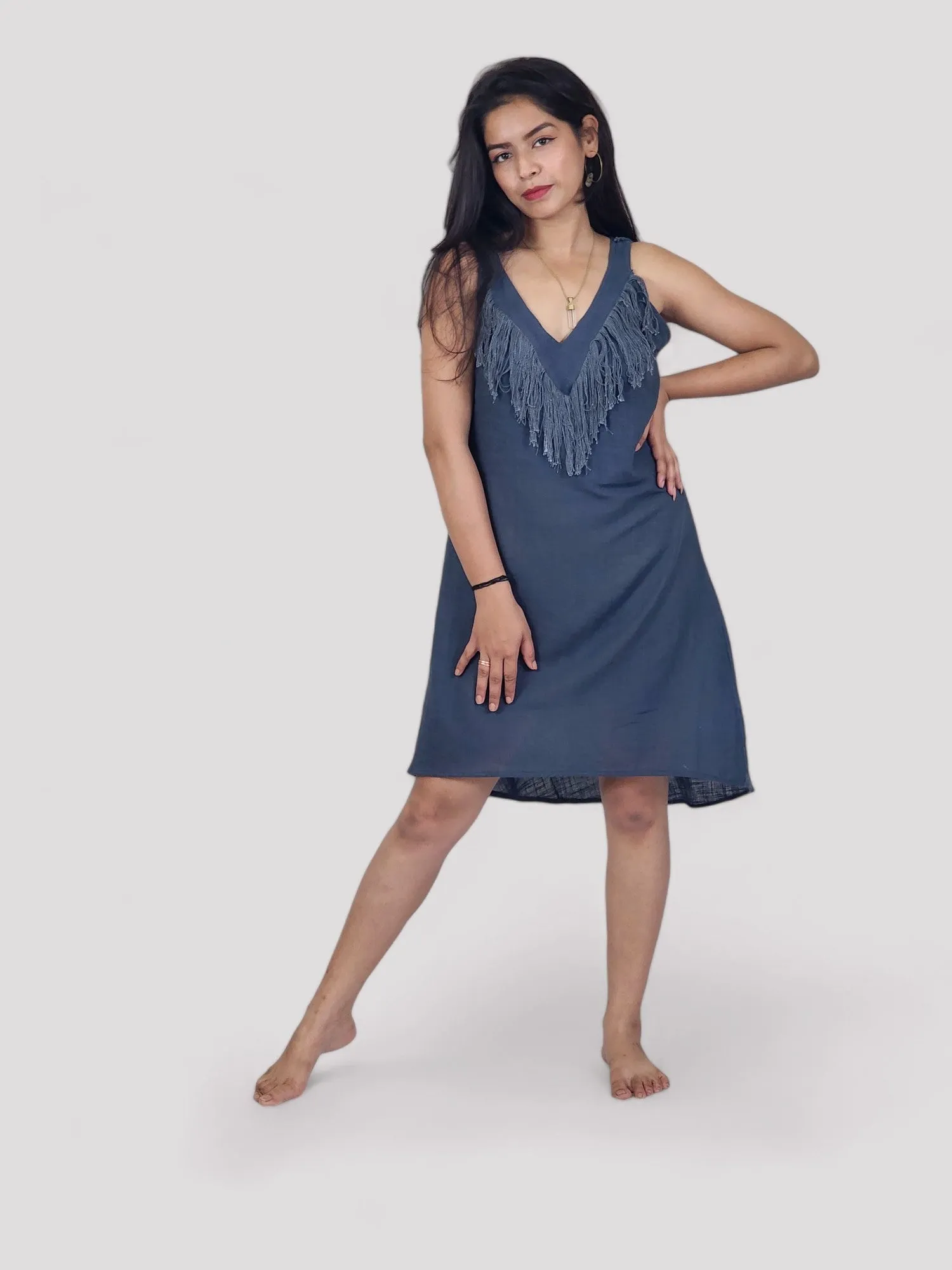 Blue Organic Linen Mini Dress with Fringe