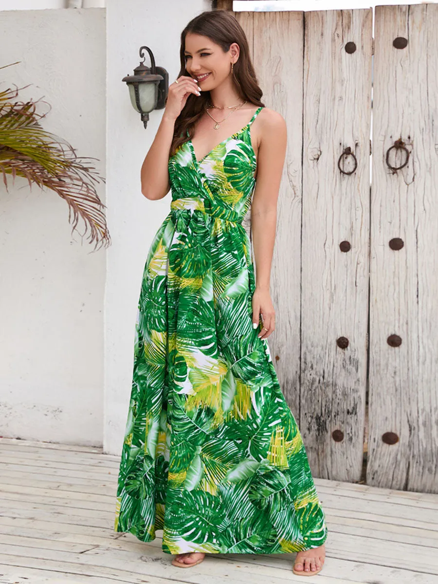 Bohemia Floral Printed Strap V Neck Swing Maxi Boho Dress