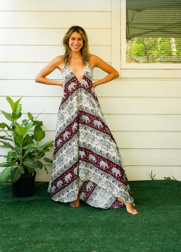 Burgundy Cute Elephant Goddess Maxi Dress