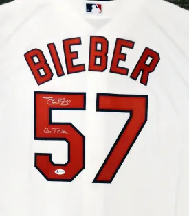 Cleveland Indians Shane Bieber Autographed White Nike Jersey Size L "Go Tribe" Beckett BAS Stock #190031