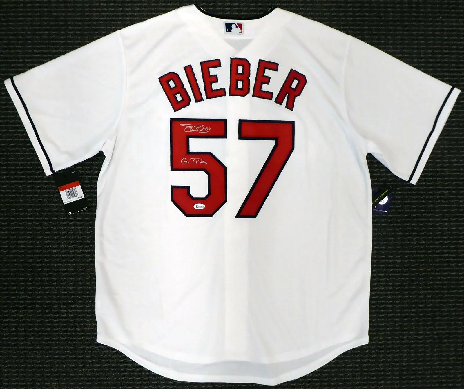 Cleveland Indians Shane Bieber Autographed White Nike Jersey Size L "Go Tribe" Beckett BAS Stock #190031