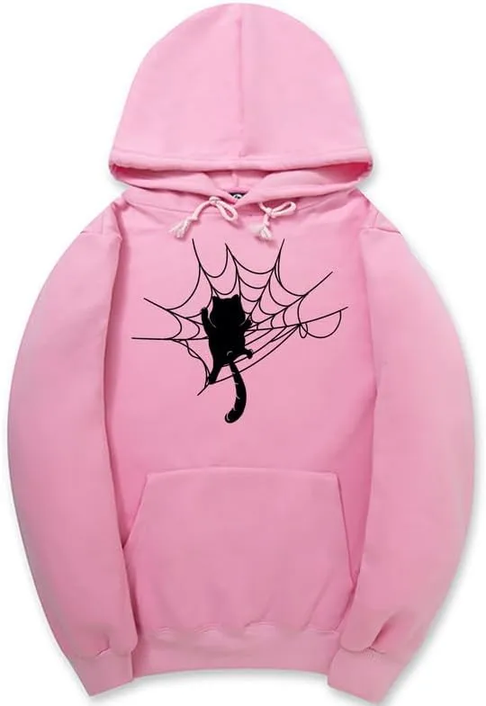 CORIRESHA Halloween Spider Web Hoodie Long Sleeve Drawstring Casual Cat Sweatshirt