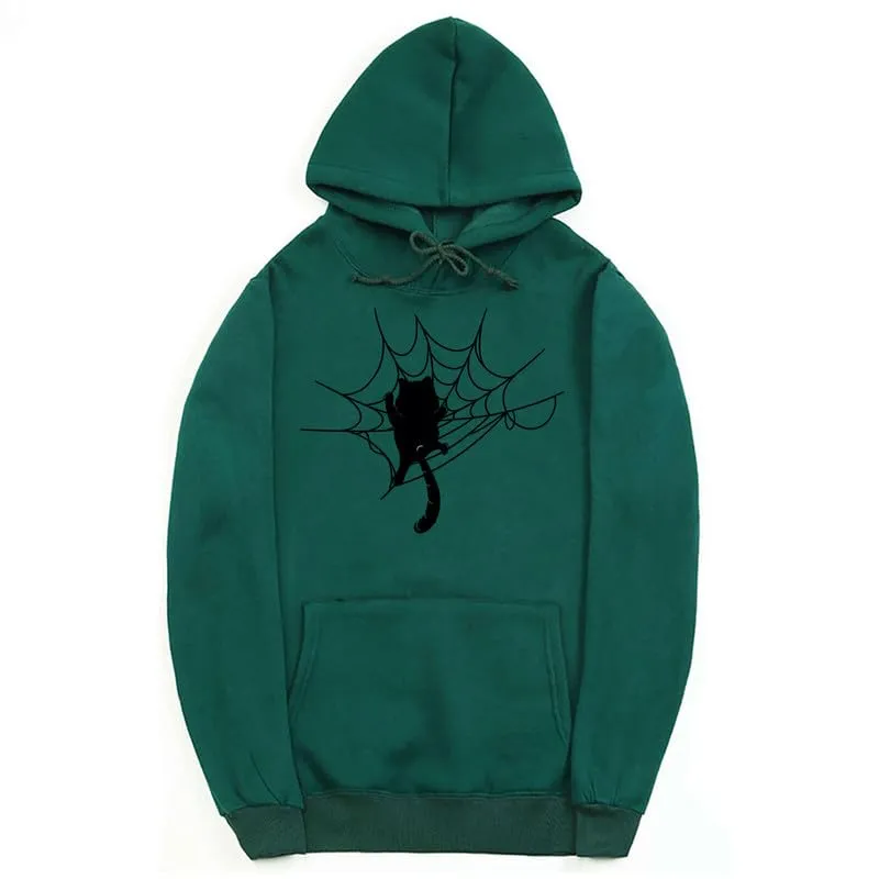 CORIRESHA Halloween Spider Web Hoodie Long Sleeve Drawstring Casual Cat Sweatshirt