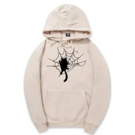 CORIRESHA Halloween Spider Web Hoodie Long Sleeve Drawstring Casual Cat Sweatshirt