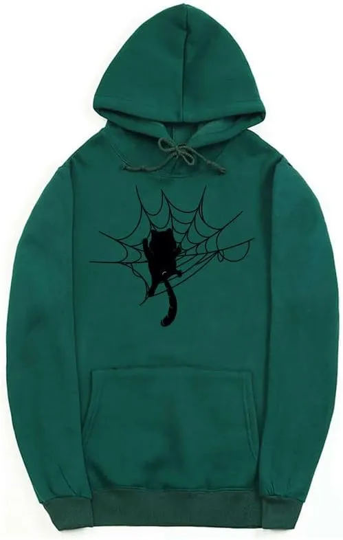 CORIRESHA Halloween Spider Web Hoodie Long Sleeve Drawstring Casual Cat Sweatshirt