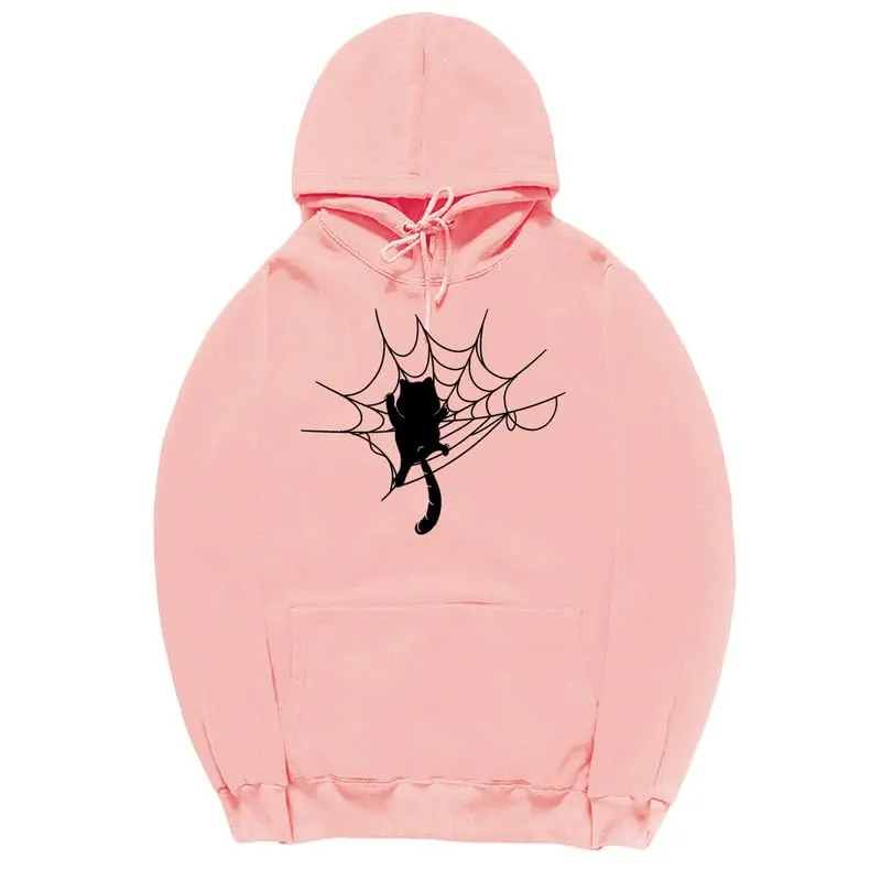 CORIRESHA Halloween Spider Web Hoodie Long Sleeve Drawstring Casual Cat Sweatshirt