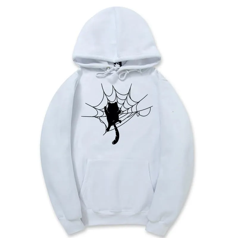 CORIRESHA Halloween Spider Web Hoodie Long Sleeve Drawstring Casual Cat Sweatshirt