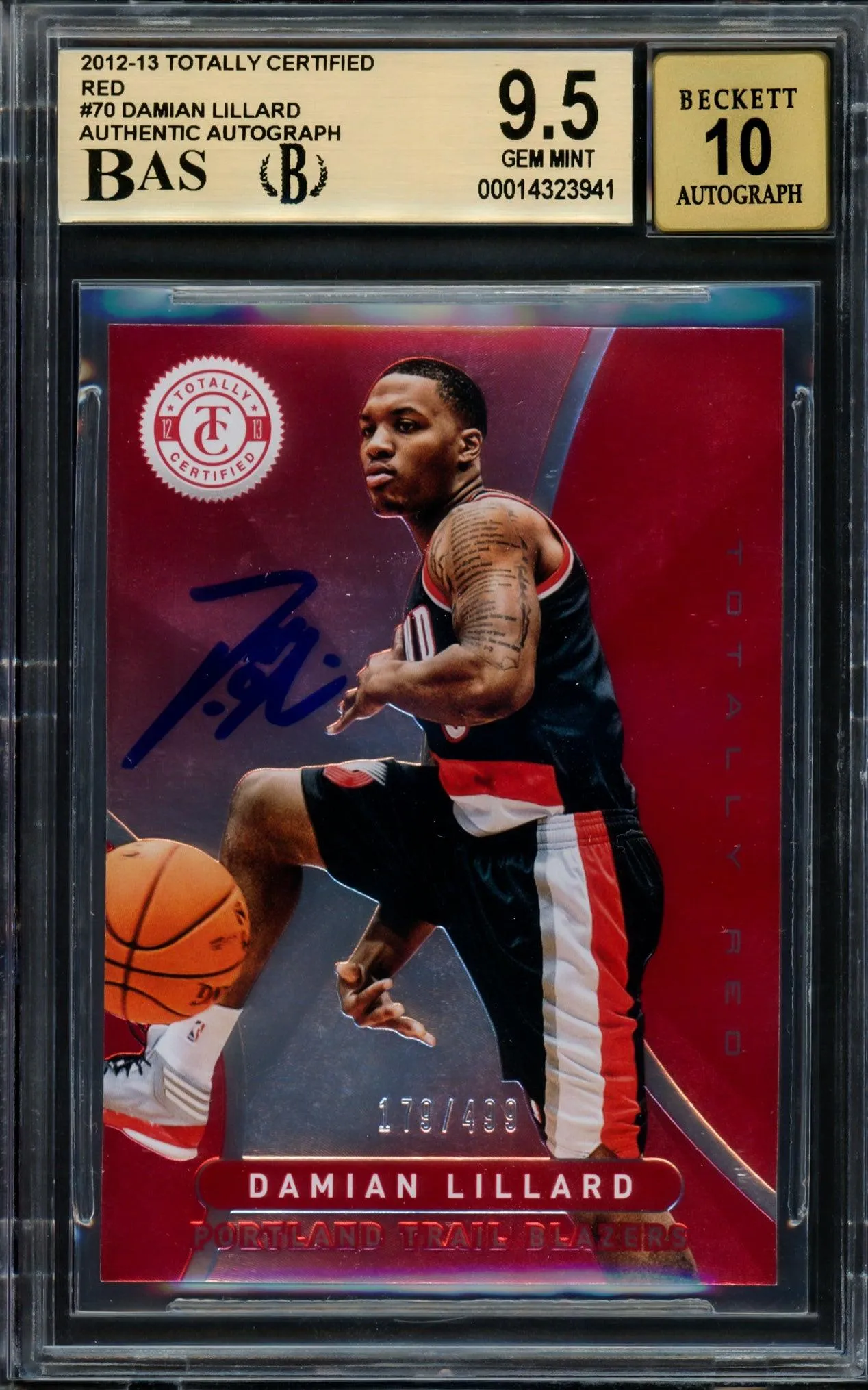 Damian Lillard Autographed 2012-13 Panini Totally Certified Red Rookie Card #70 Portland Trail Blazers BGS 9.5 Auto Grade Gem Mint 10 #179/499 Beckett BAS #14323941