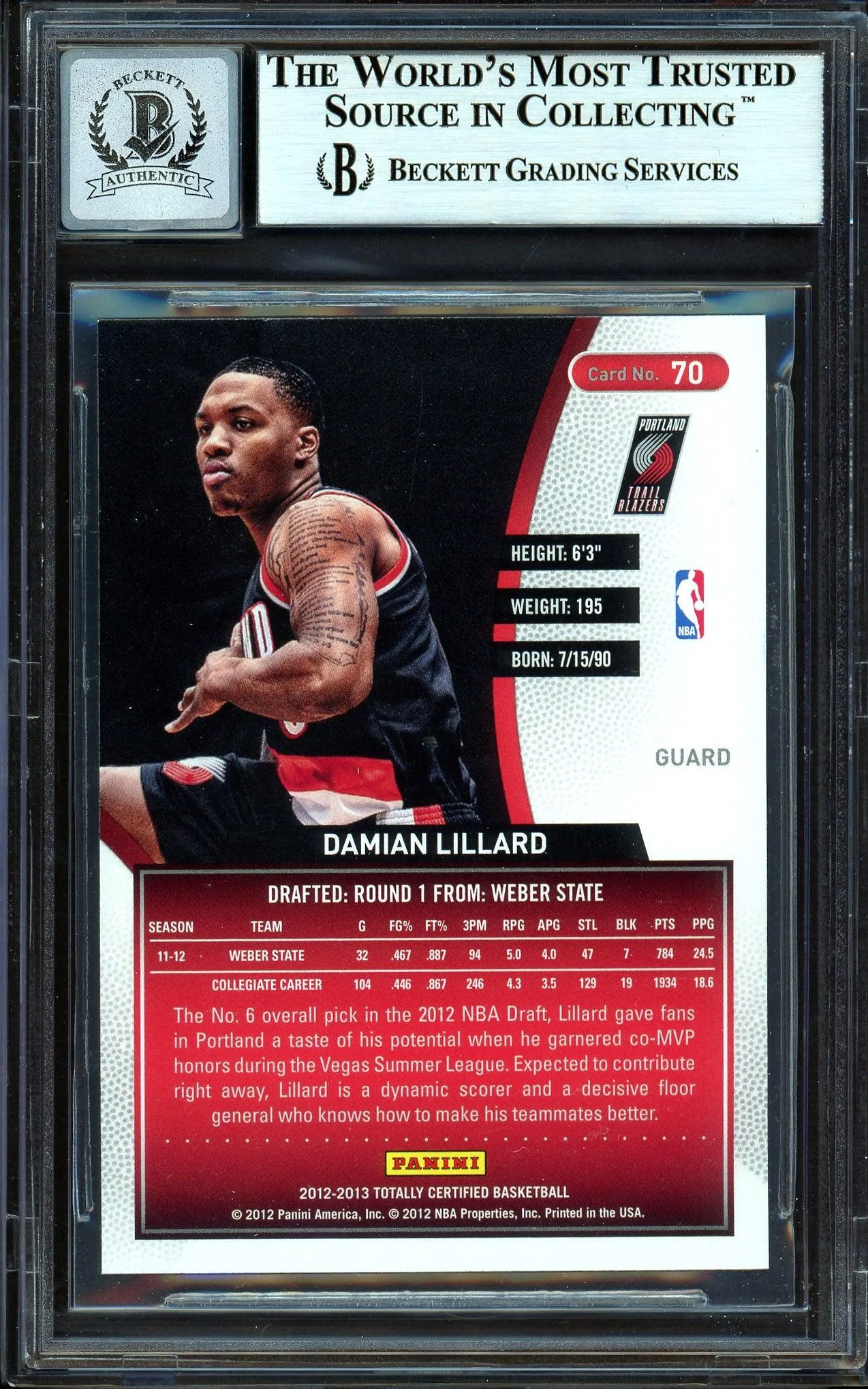 Damian Lillard Autographed 2012-13 Panini Totally Certified Rookie Card #70 Portland Trail Blazers Auto Grade Gem Mint 10 Beckett BAS #13605413