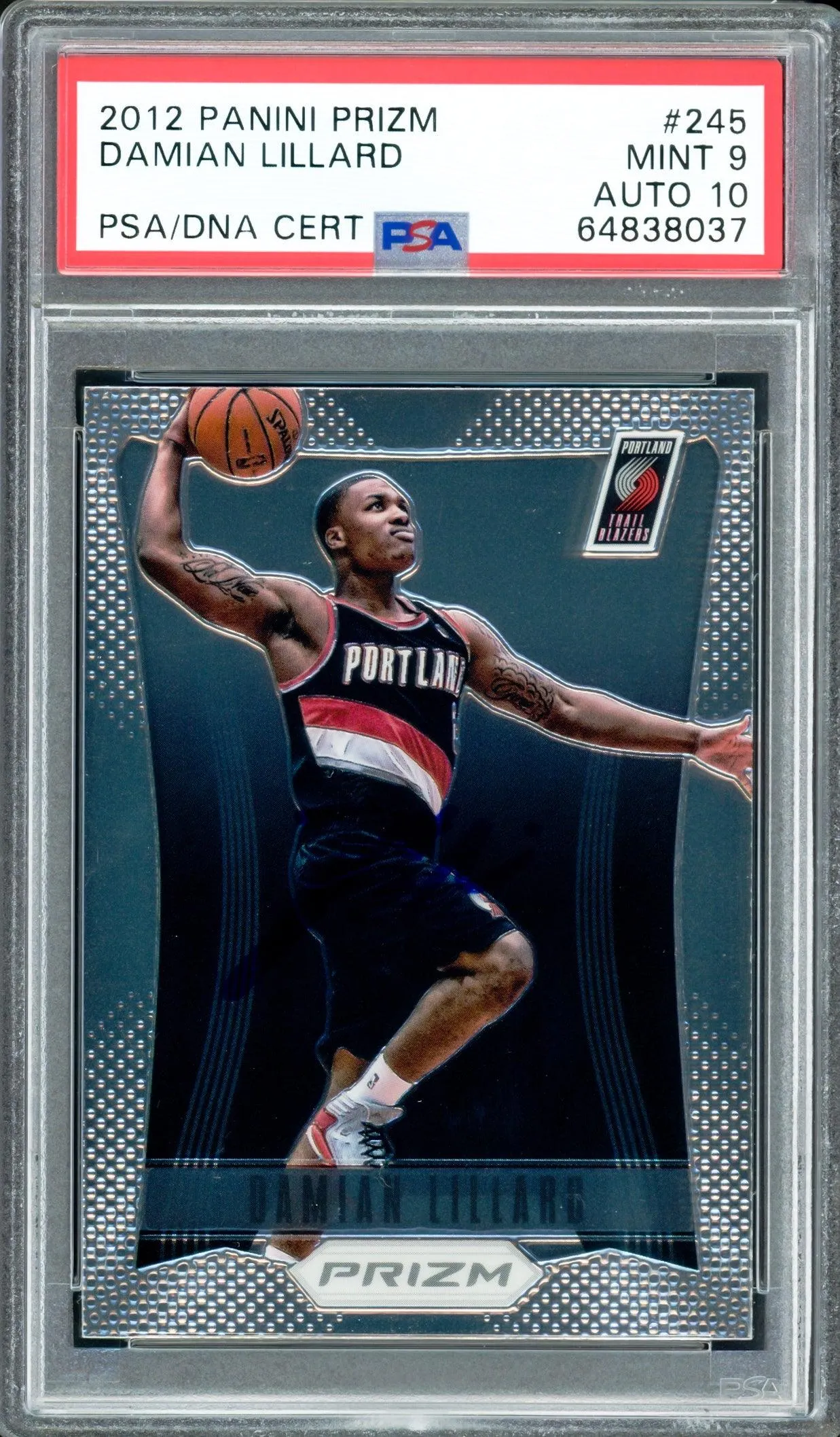 Damian Lillard Autographed 2012 Panini Prizm Rookie Card #245 Portland Trail Blazers PSA 9 Auto Grade Gem Mint 10 On Card PSA/DNA #64838037