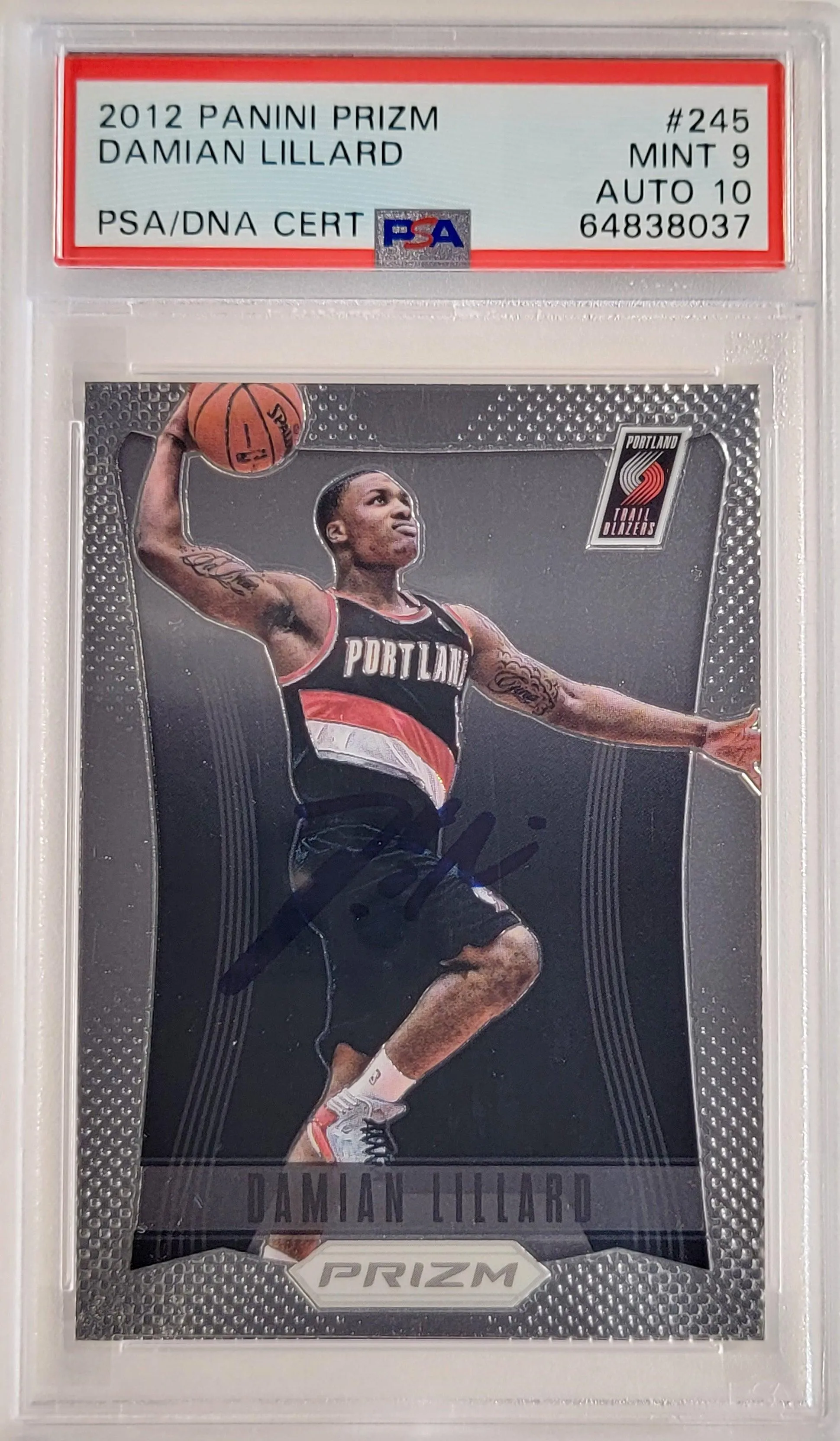 Damian Lillard Autographed 2012 Panini Prizm Rookie Card #245 Portland Trail Blazers PSA 9 Auto Grade Gem Mint 10 On Card PSA/DNA #64838037