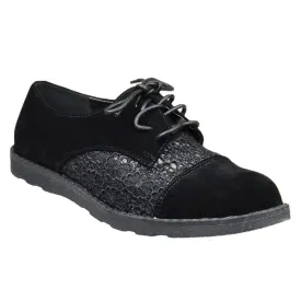 Embroidered Flower Lace Up Oxford Flats Black Shoes For Women