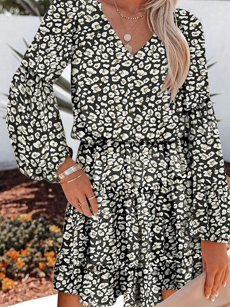 Floral Printed V Neck Long Slevess High Waist Midi Boho Dress