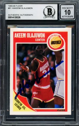 Hakeem Olajuwon Autographed 1989-90 Fleer Card #61 Houston Rockets Auto Grade Gem Mint 10 Beckett BAS #14128326