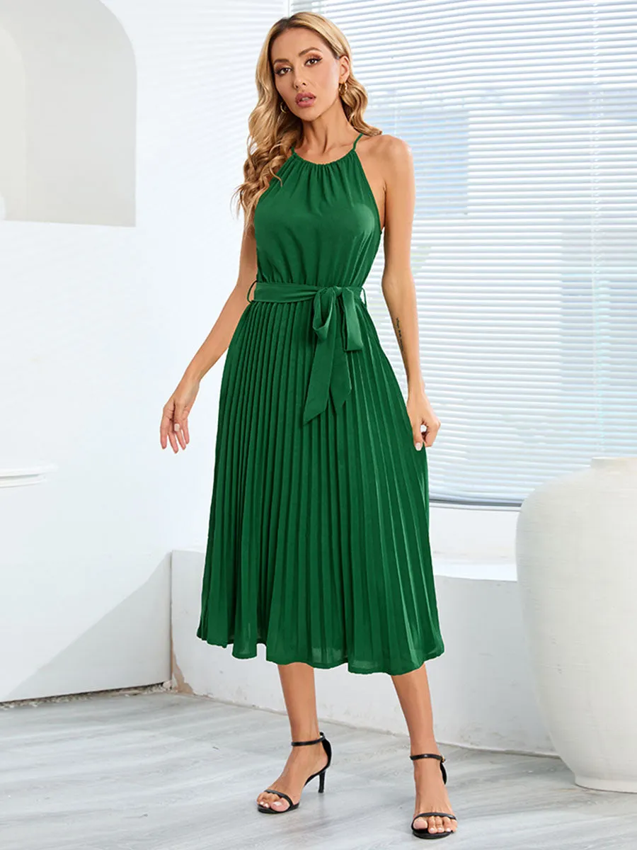 Halter Neckline Sleeveless Pleated Skirt Solid Color Boho Dress