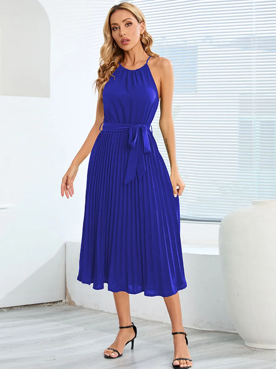 Halter Neckline Sleeveless Pleated Skirt Solid Color Boho Dress