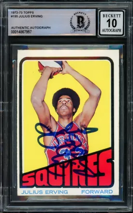 Julius Dr. J Erving Autographed 1972-73 Topps Rookie Card #195 Virginia Squires Auto Grade Gem Mint 10 Beckett BAS #14867957