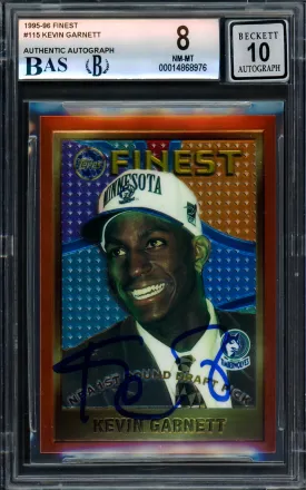 Kevin Garnett Autographed 1995-96 Topps Finest Rookie Card #115 Minnesota Timberwolves BGS 8 Auto Grade Gem Mint 10 Beckett BAS #14868976