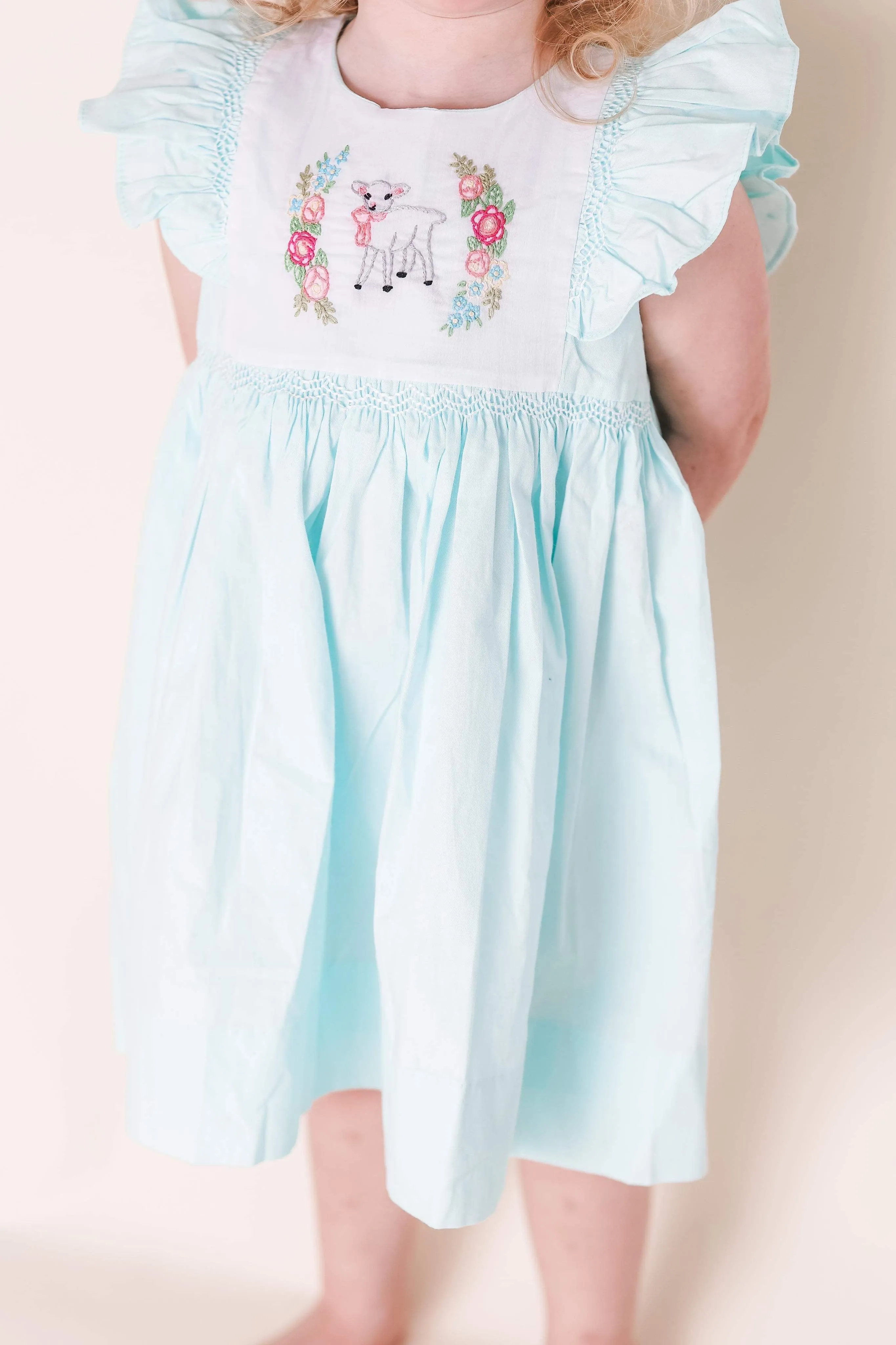 Lamb Smocked Avignon Dress -Embroidered Lamb and Flowers on Mint