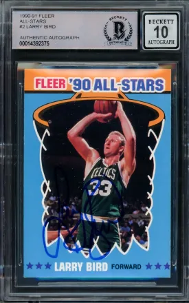 Larry Bird Autographed 1990-91 Fleer Sticker Card #2 Boston Celtics Auto Grade Gem Mint 10 Beckett BAS #14392375