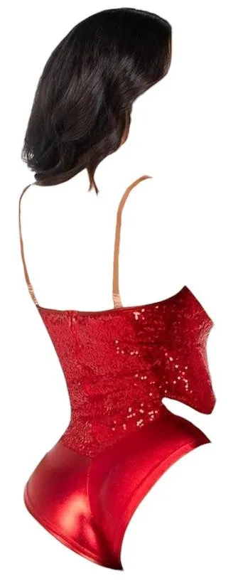 Leg Avenue 2 PC Sequin Boned Snap Crotch Bodysuit with Detachable Clear Strap Red