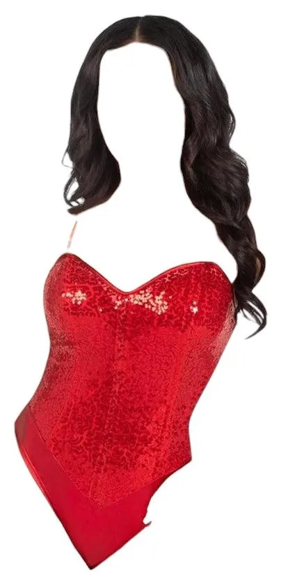 Leg Avenue 2 PC Sequin Boned Snap Crotch Bodysuit with Detachable Clear Strap Red