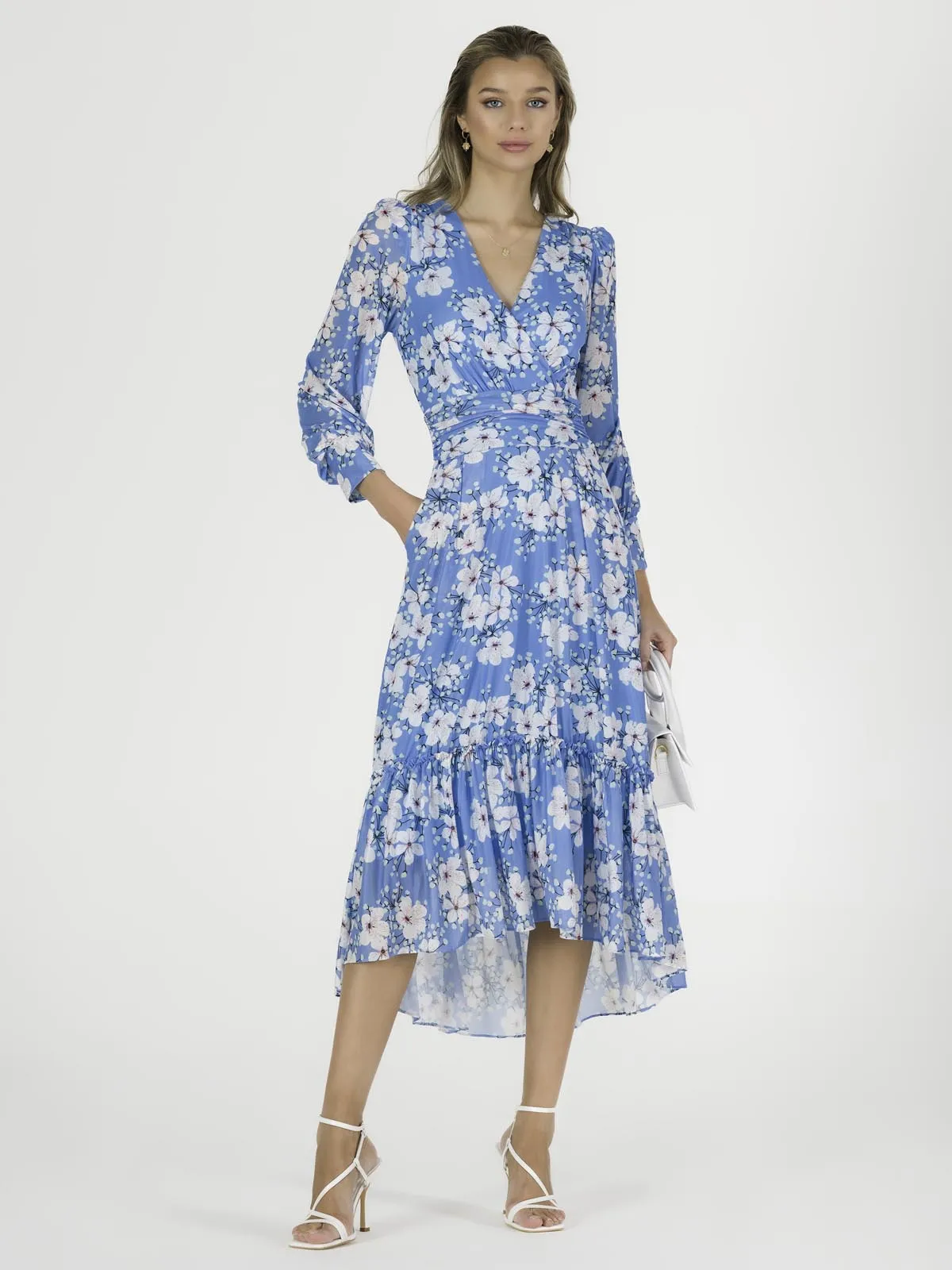 Lilianna Mesh Long Sleeve Tiered Hem Dress, Blue Floral