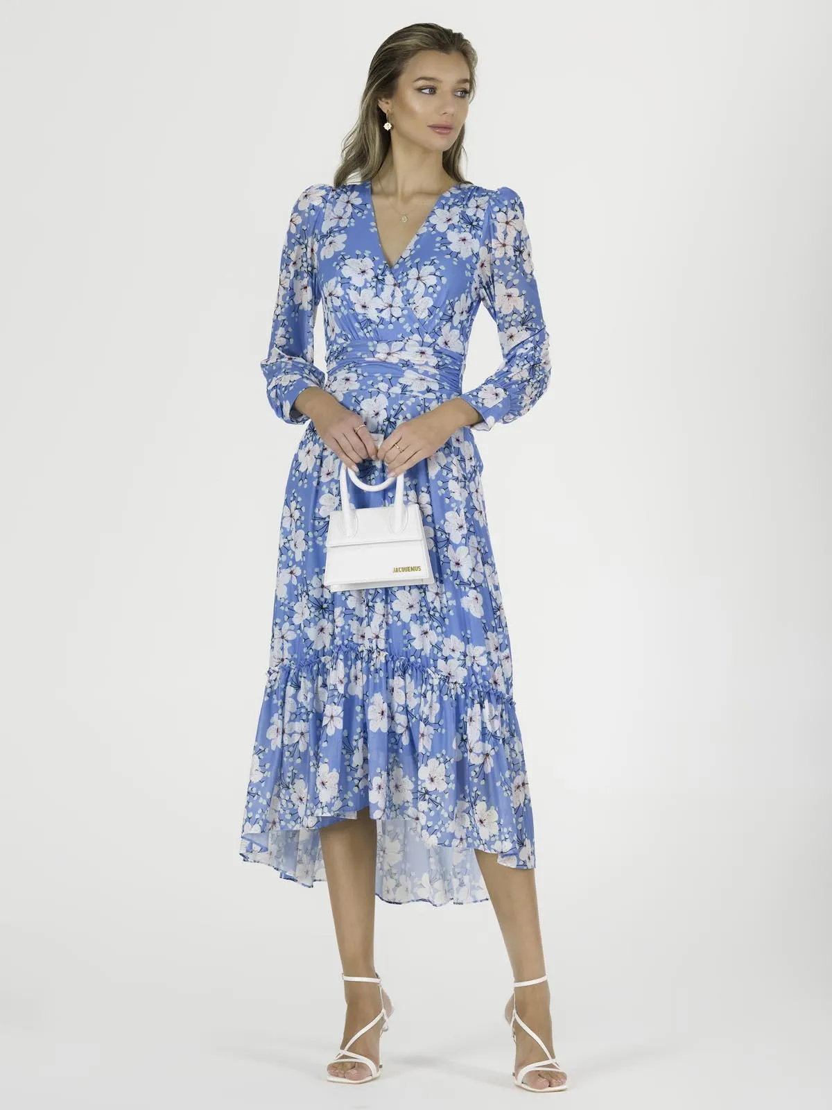 Lilianna Mesh Long Sleeve Tiered Hem Dress, Blue Floral