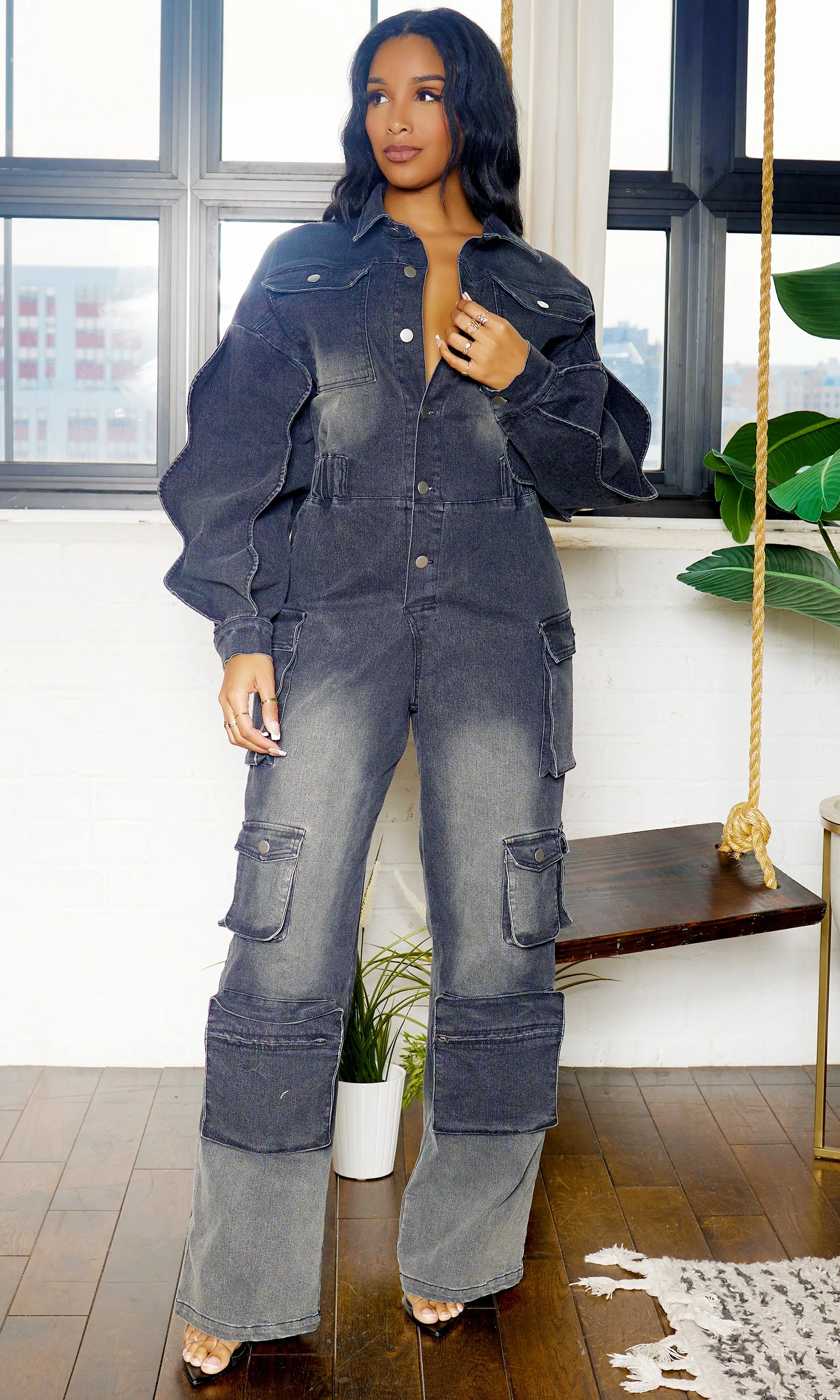 Long Wave Sleeve Cargo Denim Jumpsuit - Black Wash FINAL SALE