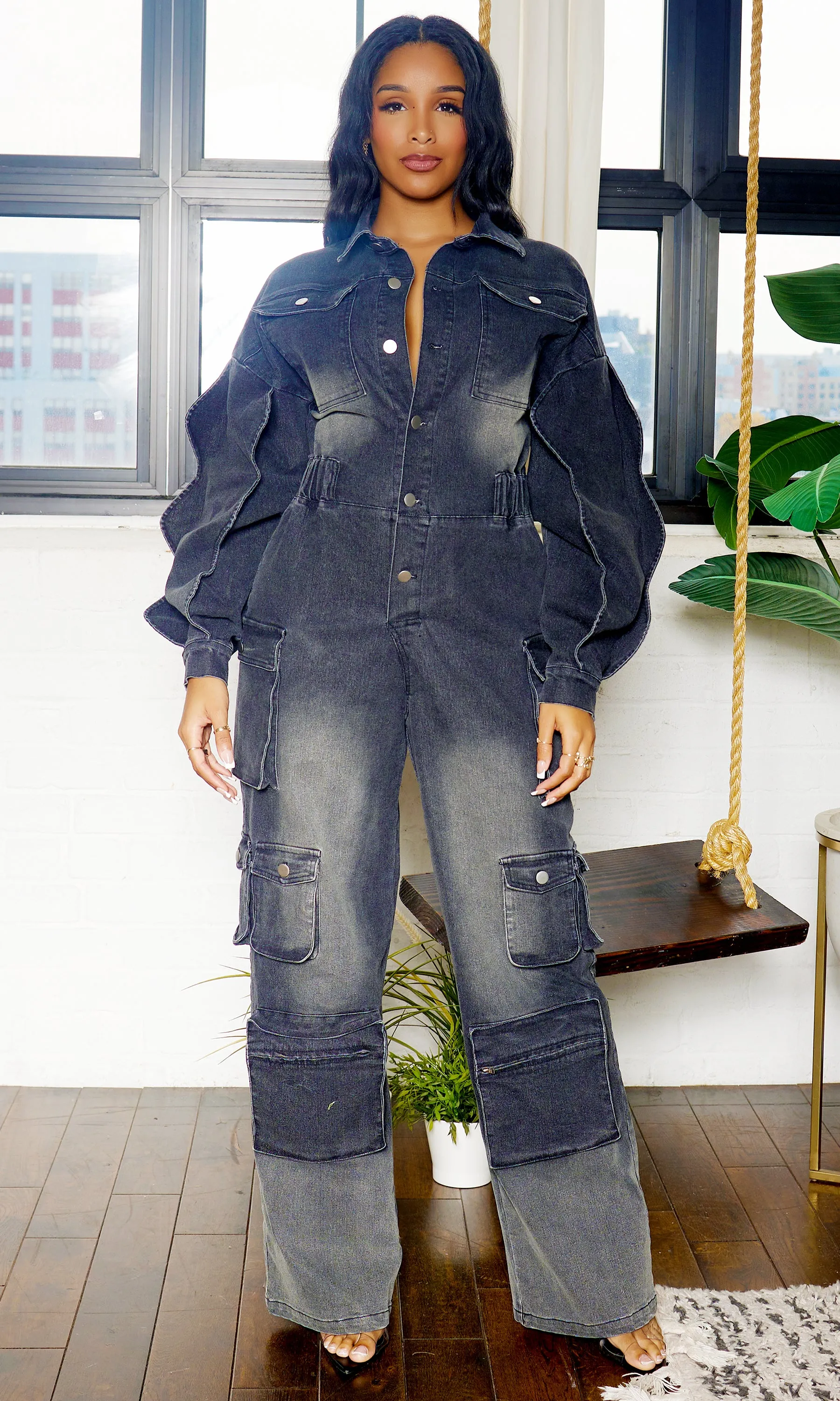 Long Wave Sleeve Cargo Denim Jumpsuit - Black Wash FINAL SALE