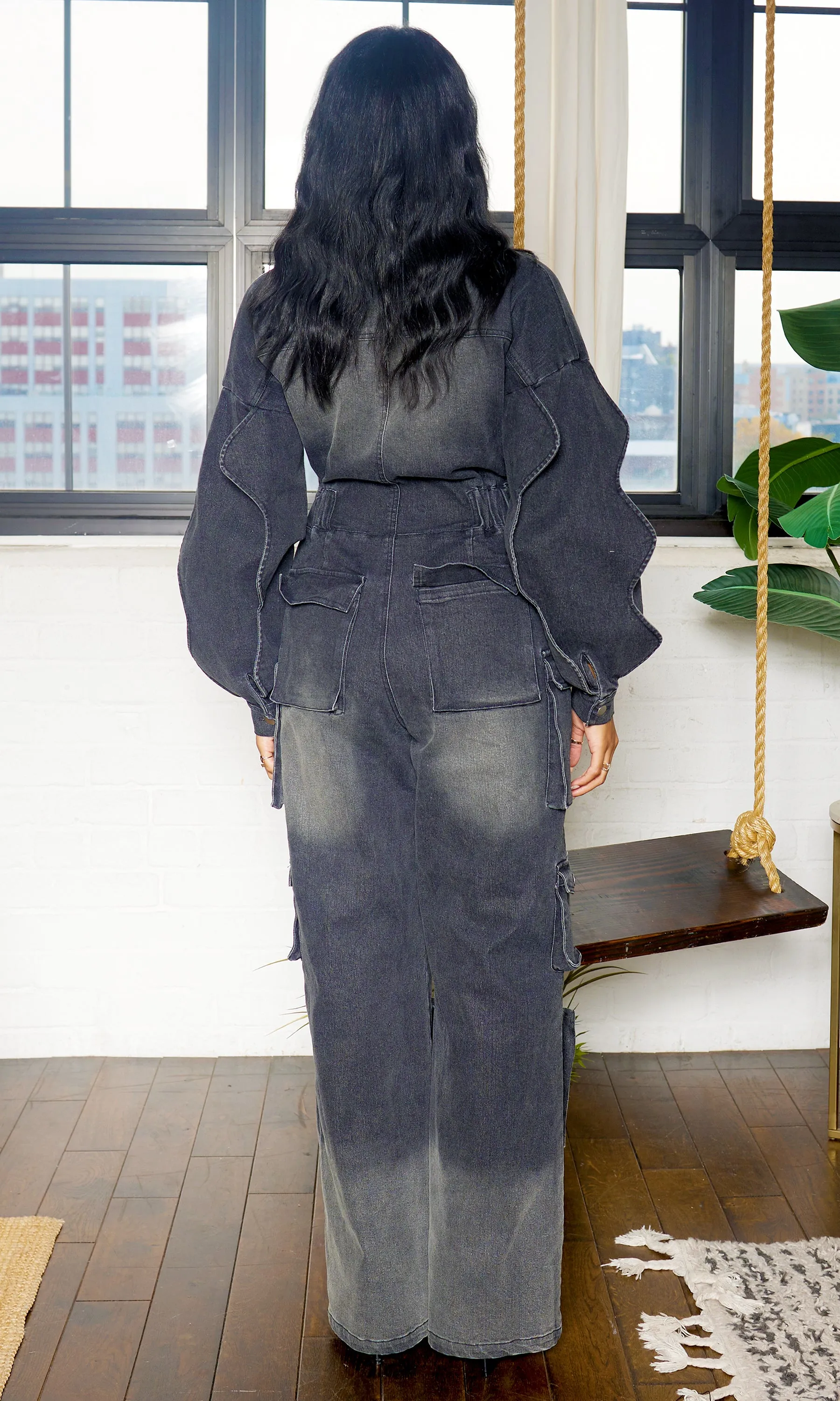 Long Wave Sleeve Cargo Denim Jumpsuit - Black Wash FINAL SALE