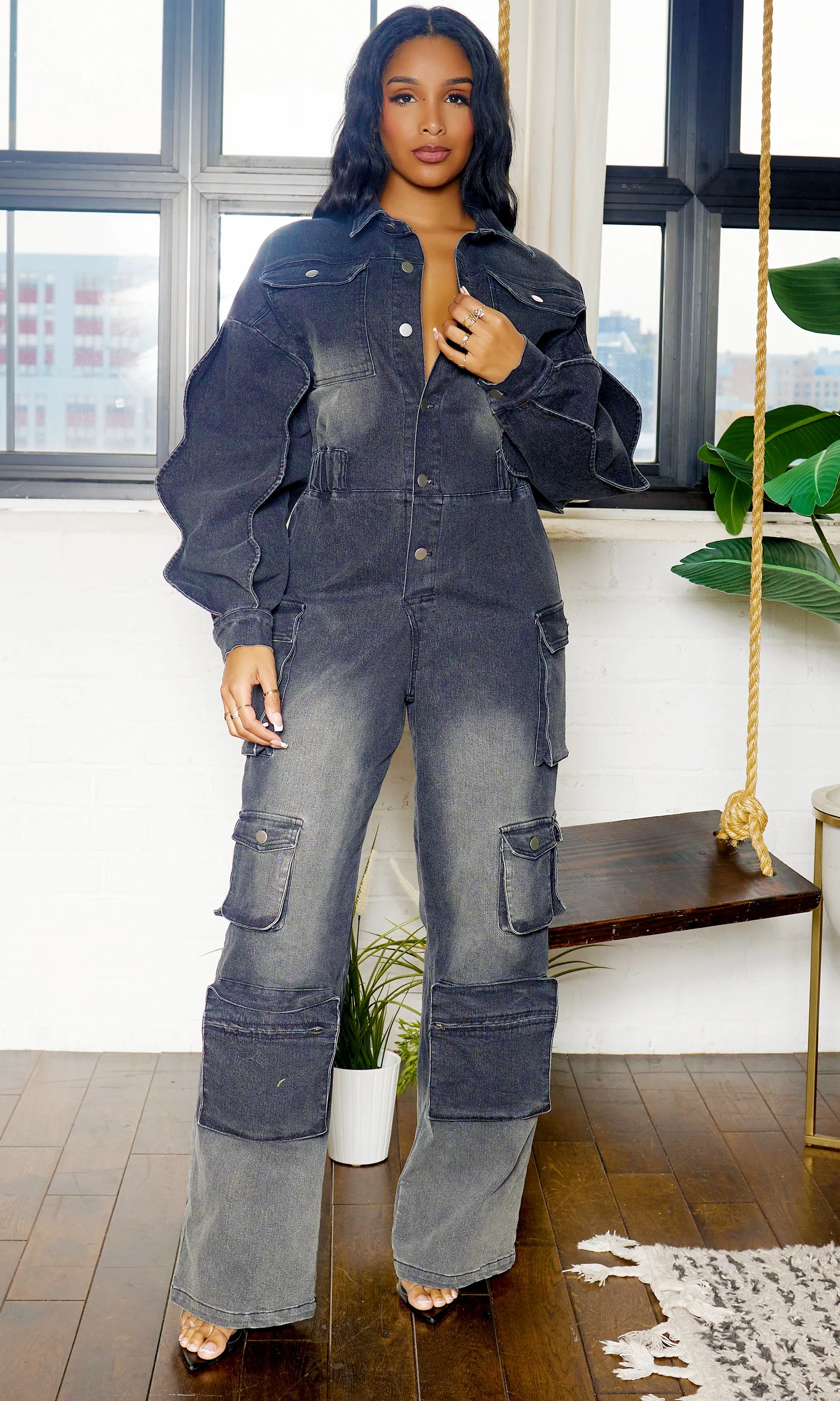 Long Wave Sleeve Cargo Denim Jumpsuit - Black Wash FINAL SALE