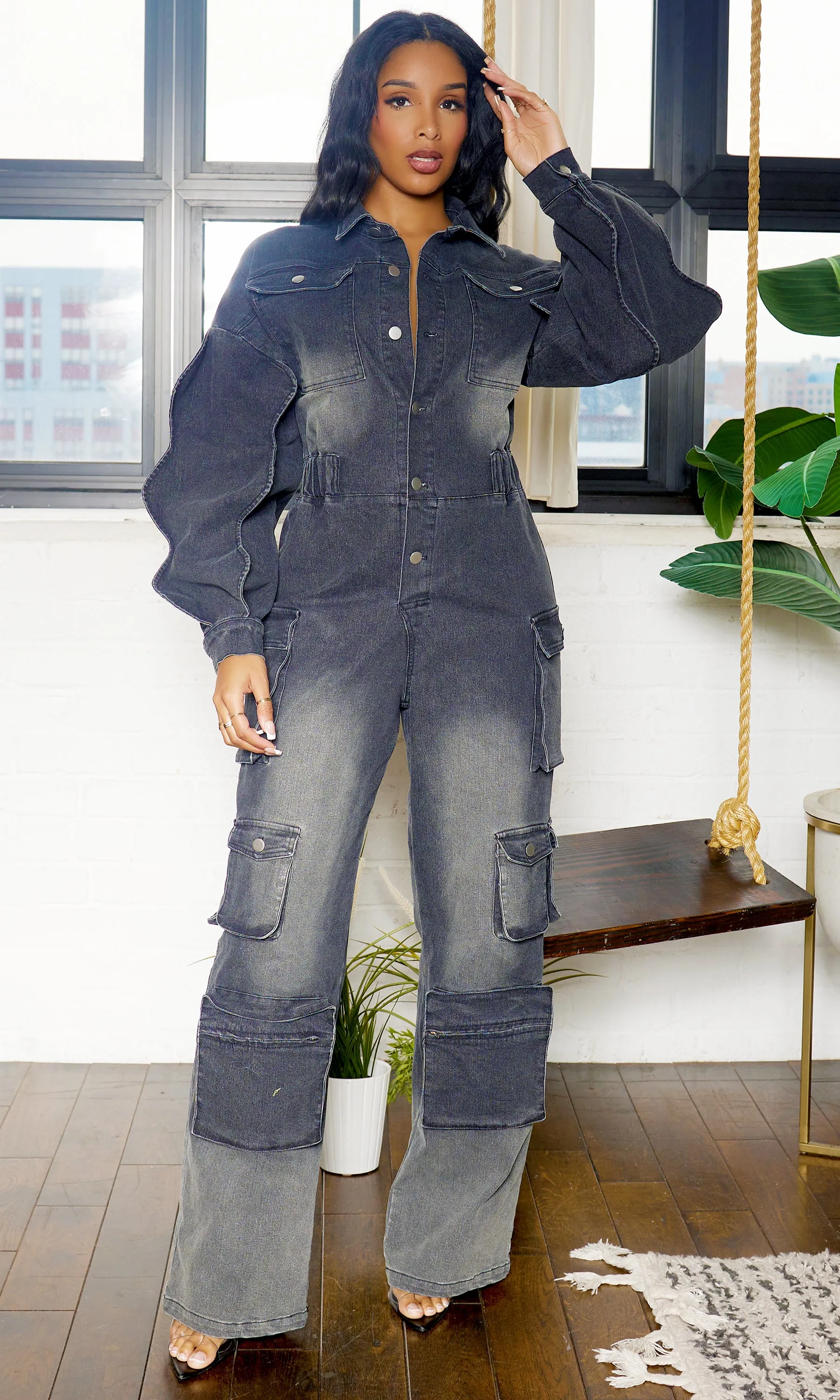 Long Wave Sleeve Cargo Denim Jumpsuit - Black Wash FINAL SALE