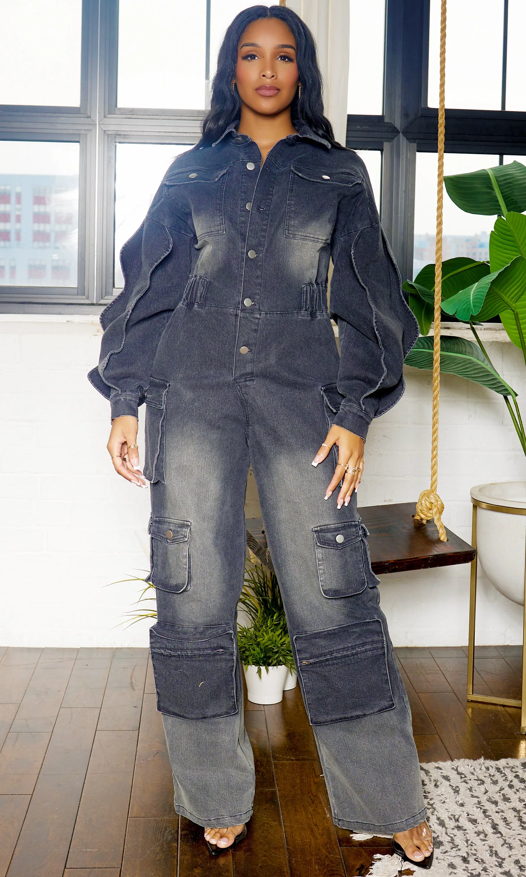 Long Wave Sleeve Cargo Denim Jumpsuit - Black Wash FINAL SALE