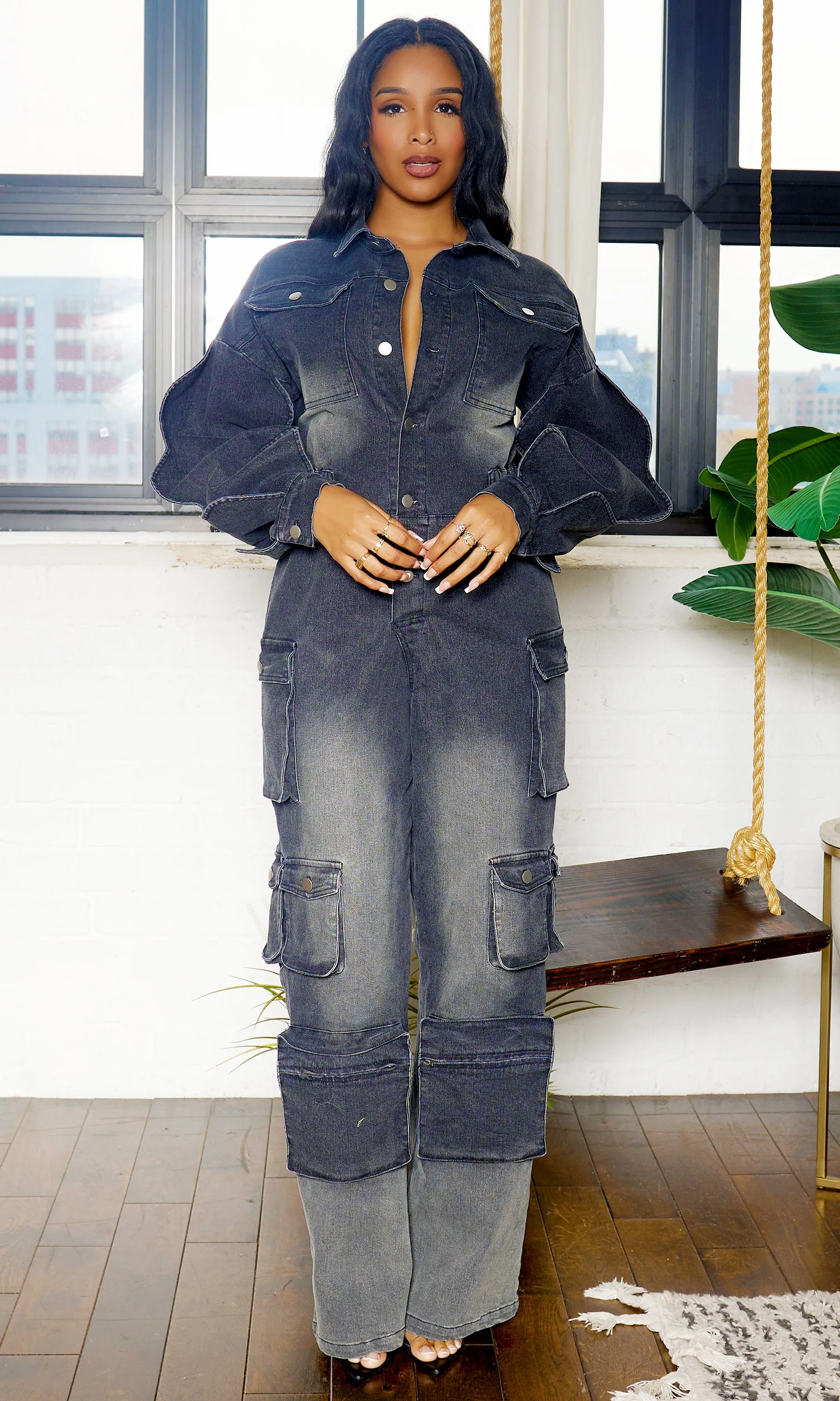 Long Wave Sleeve Cargo Denim Jumpsuit - Black Wash FINAL SALE