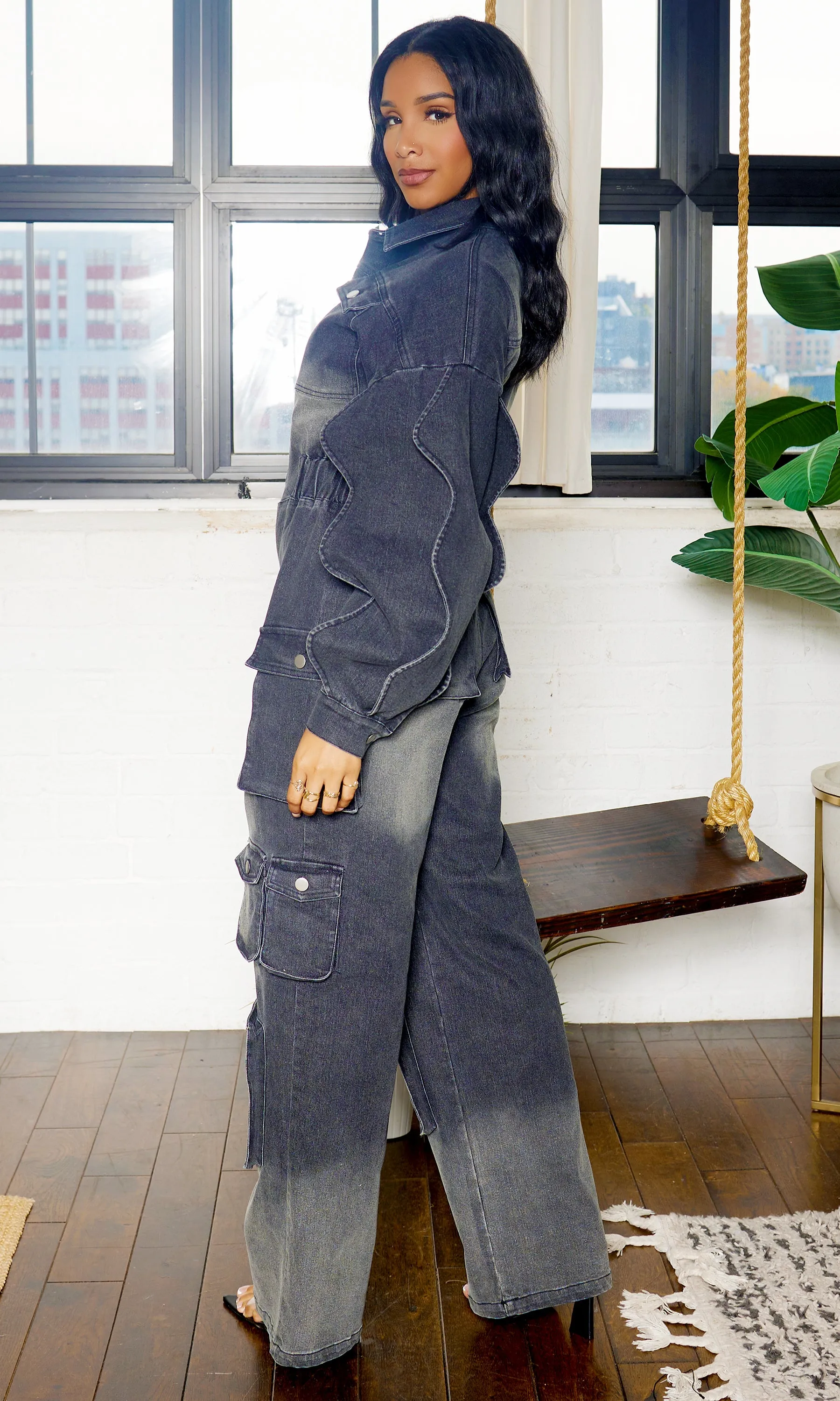 Long Wave Sleeve Cargo Denim Jumpsuit - Black Wash FINAL SALE