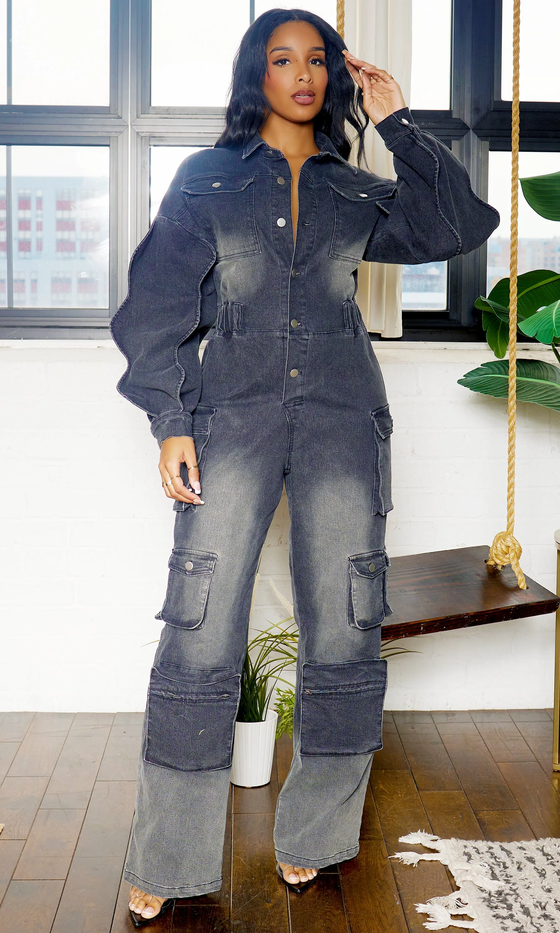 Long Wave Sleeve Cargo Denim Jumpsuit - Black Wash FINAL SALE