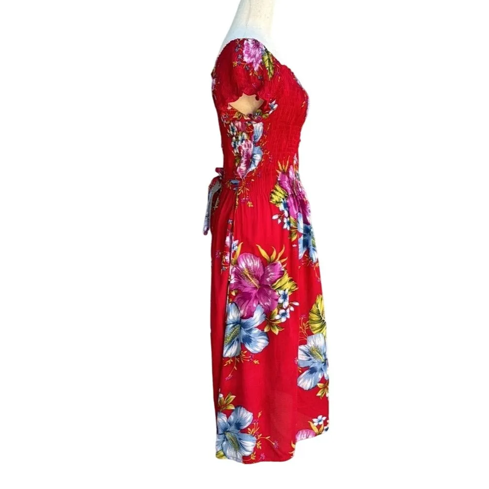 Mamta Women's Red Floral Elastic Stretch Top Full Skirt Tie Back Midi Dress - OS