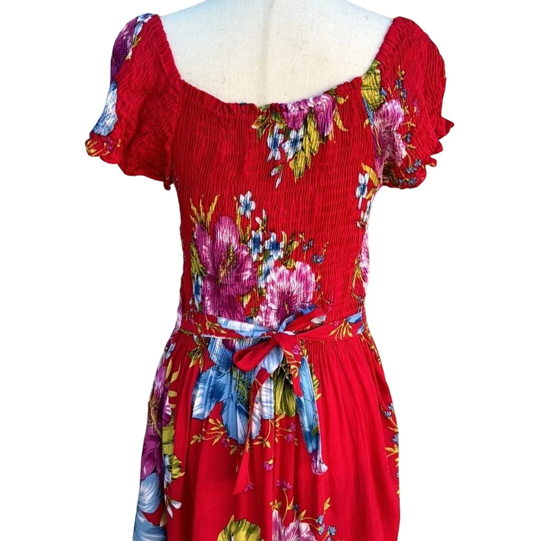 Mamta Women's Red Floral Elastic Stretch Top Full Skirt Tie Back Midi Dress - OS