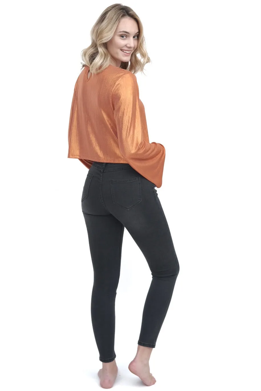 Metallic Orange Flare Sleeve Top