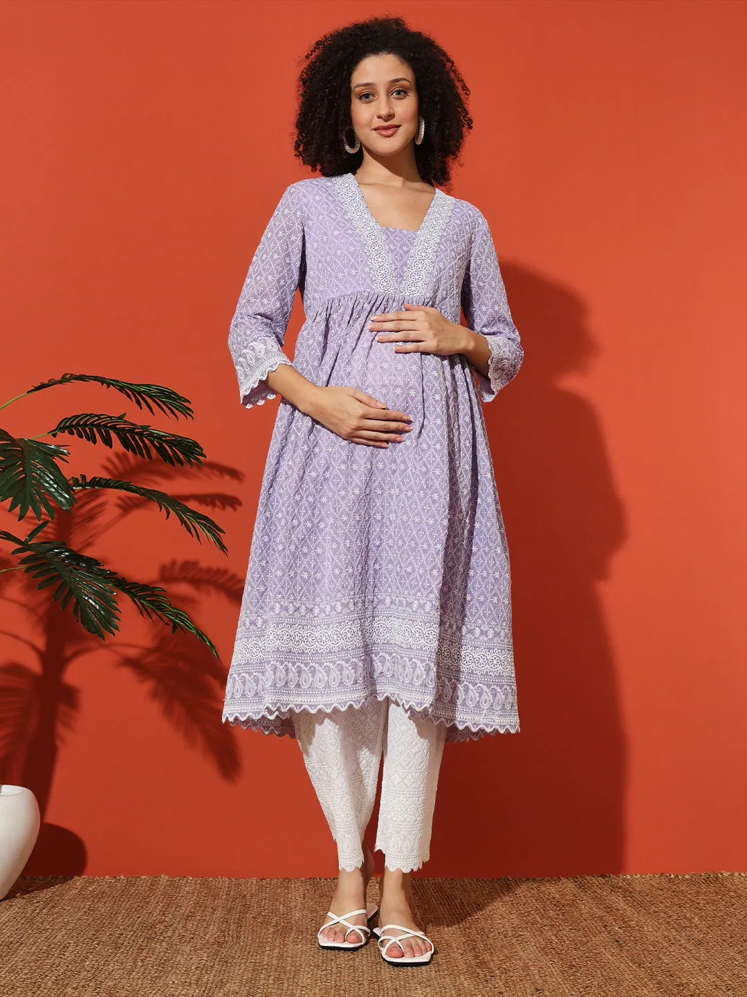 MIMI - PURPLE AND FLORAL EMBROI KURTA MATERNITY CO-ORDS SET