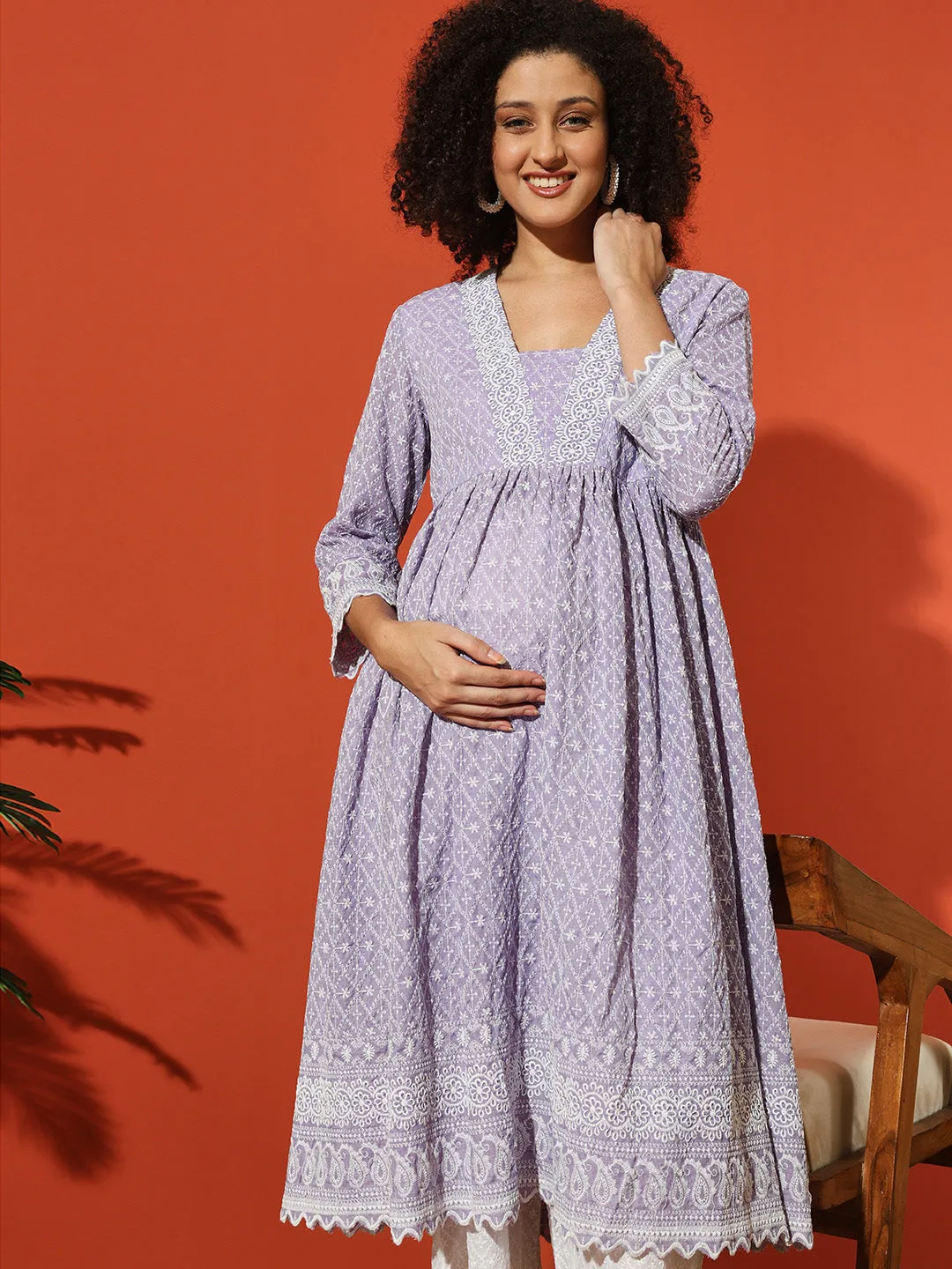 MIMI - PURPLE AND FLORAL EMBROI KURTA MATERNITY CO-ORDS SET