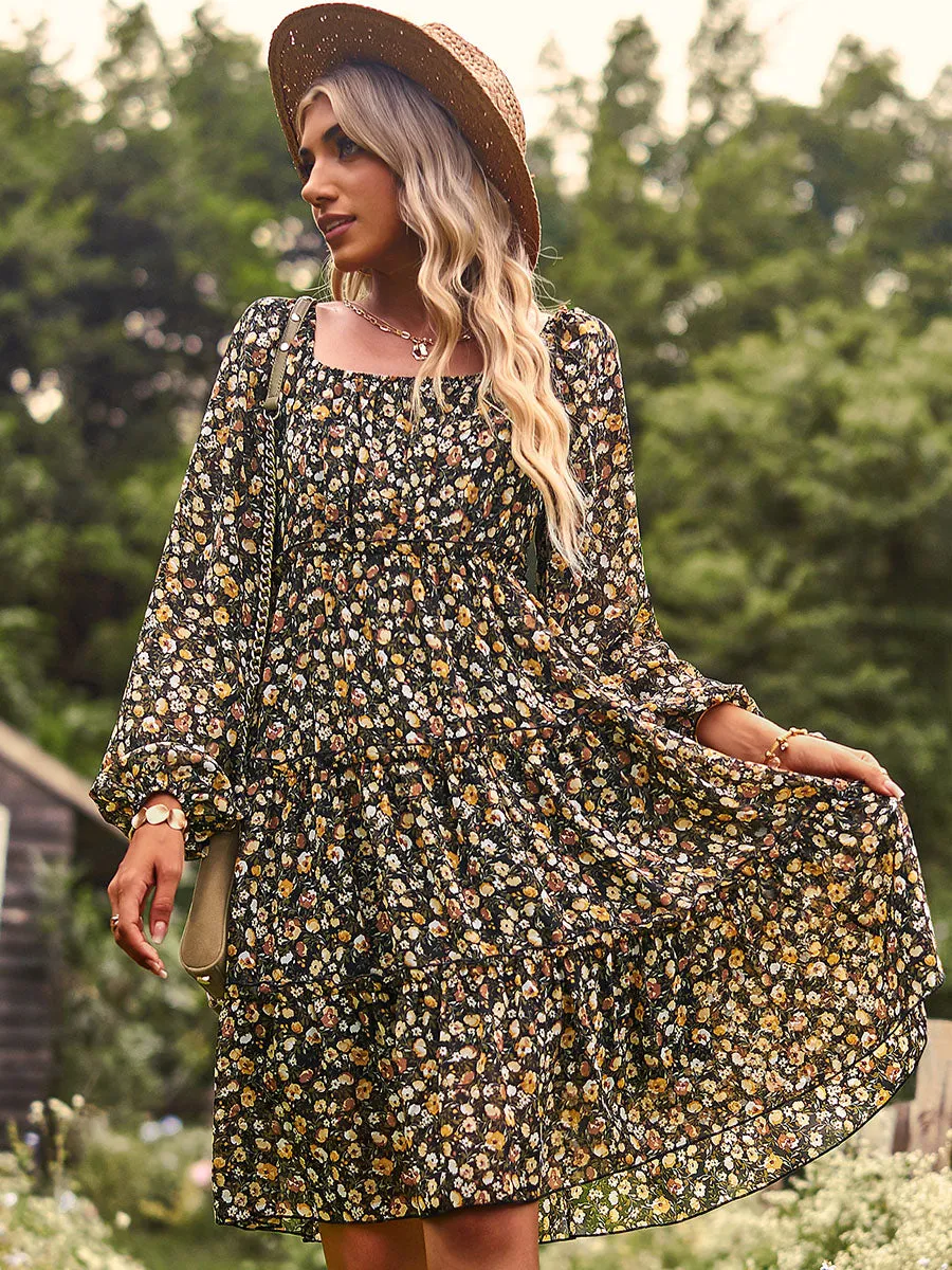 Off Shoulder or Square Neckline Floral Printed Long Sleeves Chiffon Boho Dress