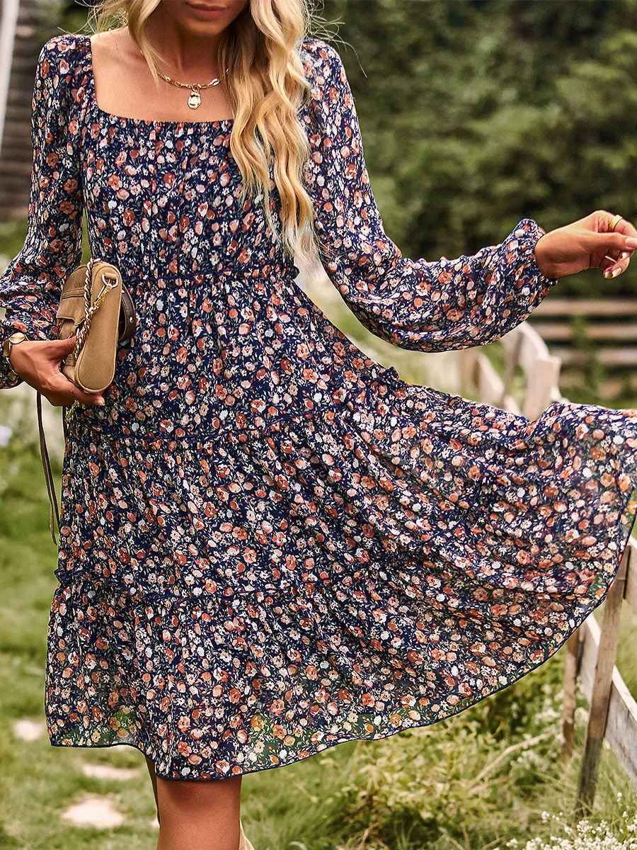 Off Shoulder or Square Neckline Floral Printed Long Sleeves Chiffon Boho Dress